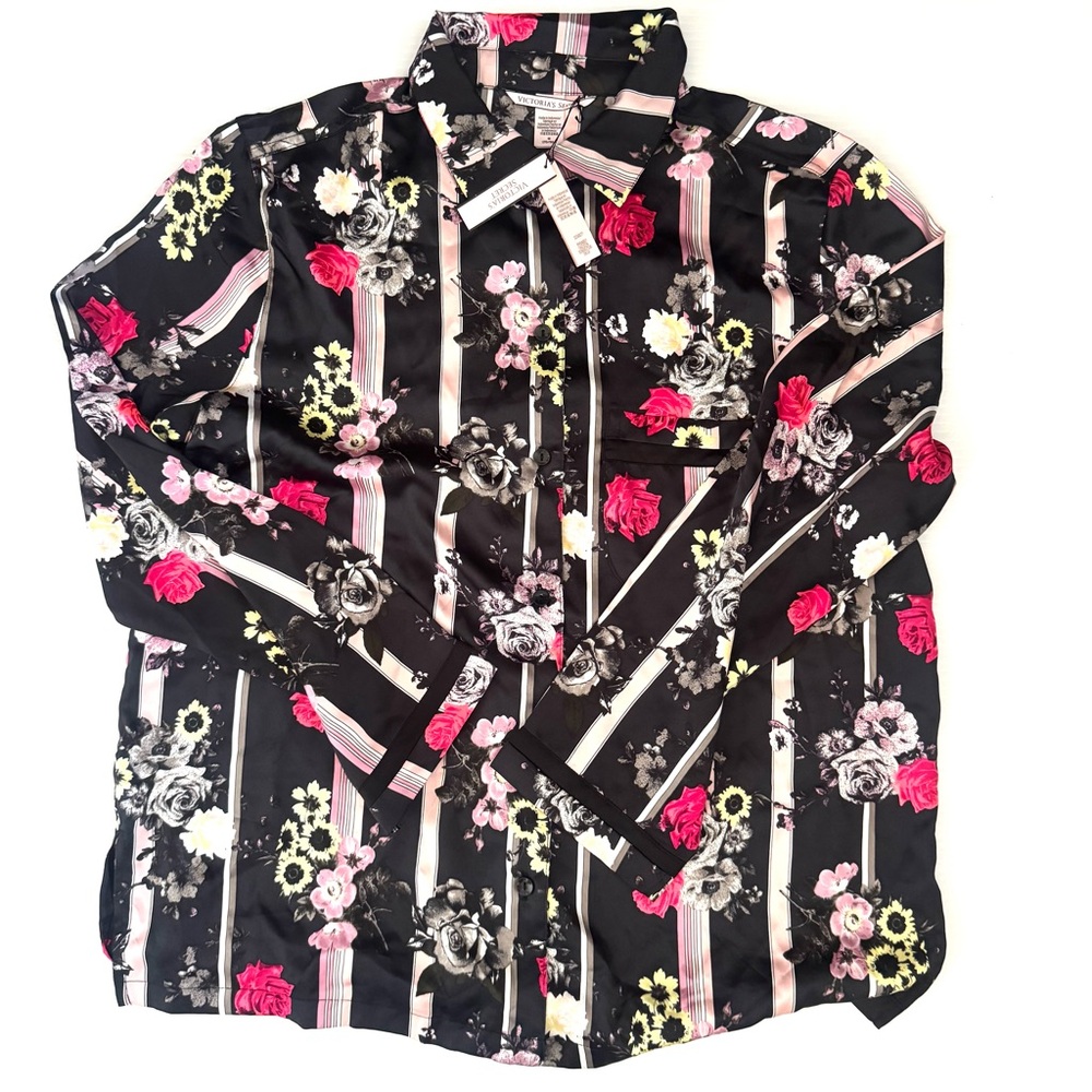 Victoria's Secret Satin PJs Pajamas Black Floral Stripe Print VS Size Medium - Picture 5 of 8